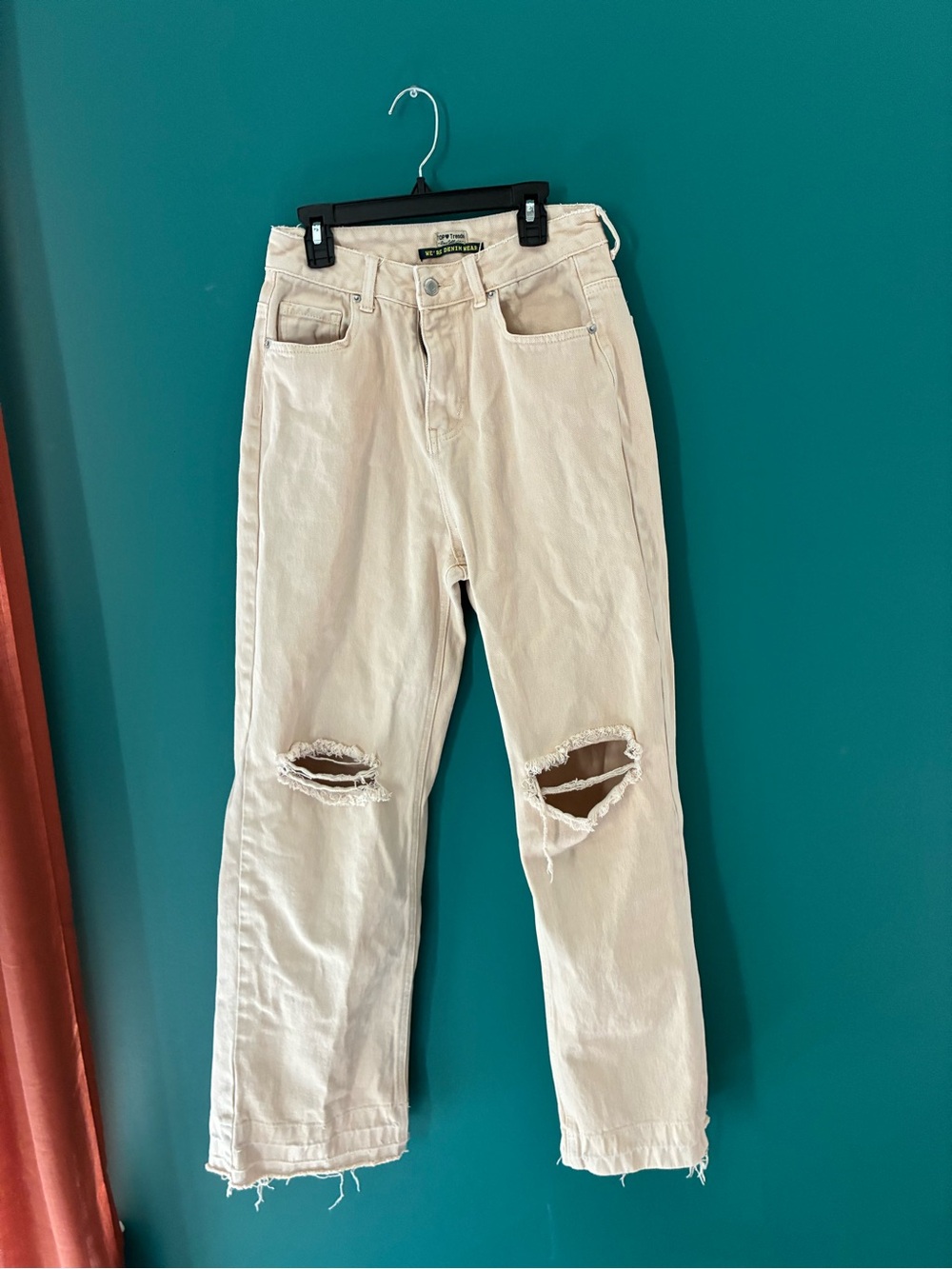 Distressed Wide Leg, Raw Hem Beige High-Waist Jeans